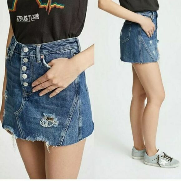 Free People Blue Distressed Denim Skirt - Picture 2 of 7